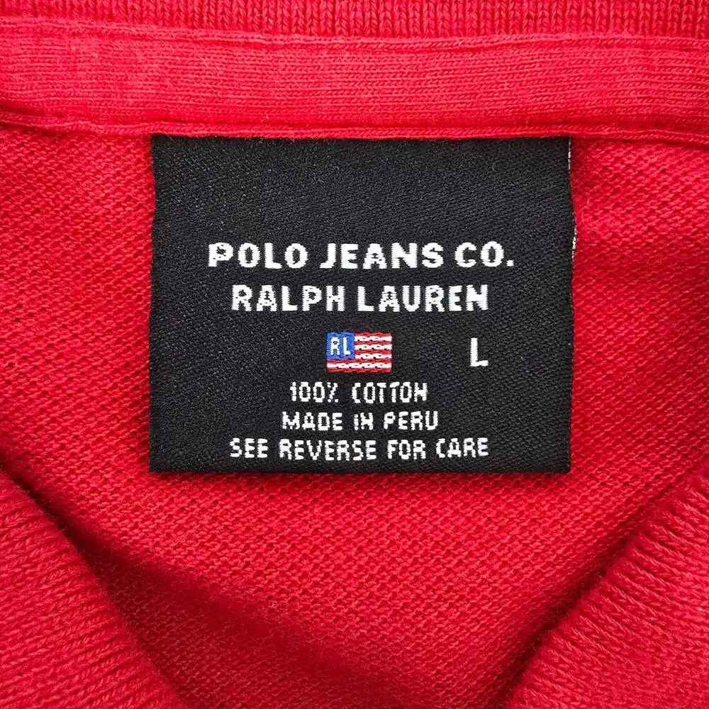Polo Jeans Co. Ralph Lauren RL Spell Out US Flag Pocket Tipped Polo VTG Sz L Red
